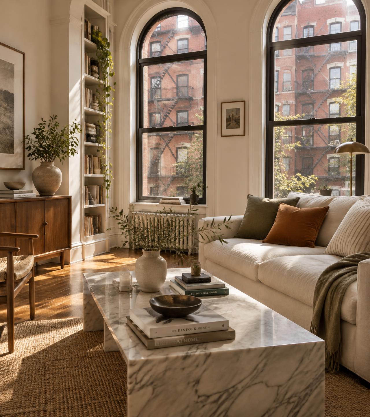 Sunlit Downtown Manhattan living room with arched windows, a linen sofa and a marble coffee table