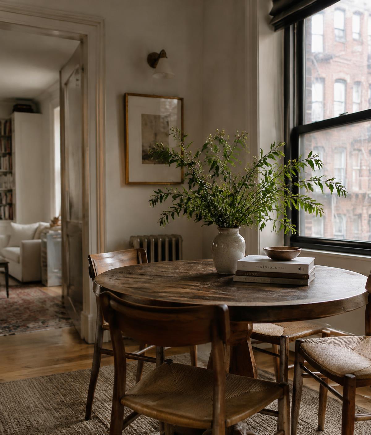 A wooden dining table with fresh greenery beside a window in a New York apartment