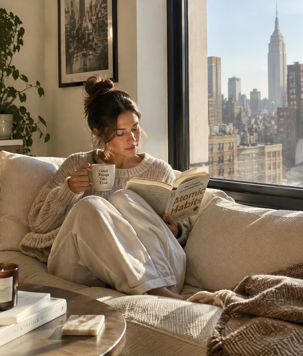 A woman relaxing with a book and coffee on her sofa on a Sunday morning in Manhattan