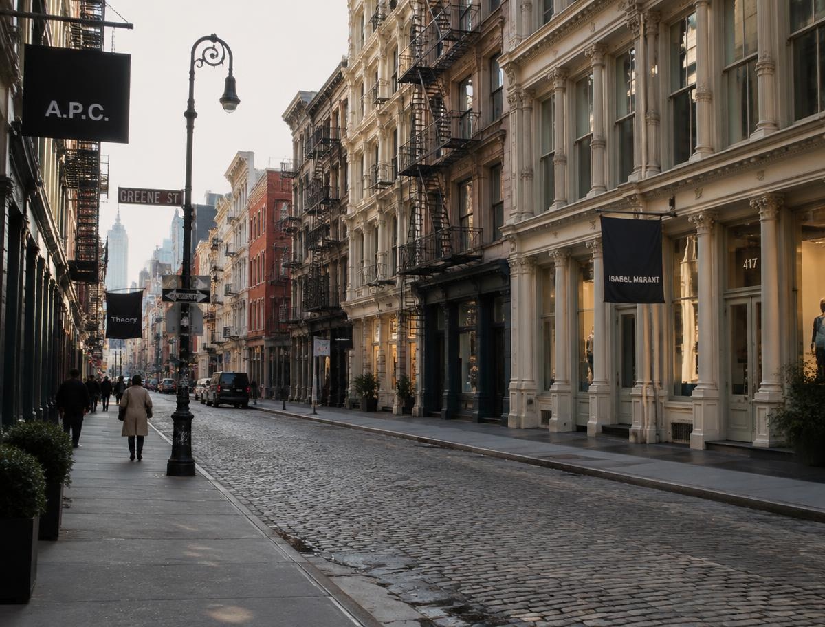 Cast-iron building facades along a cobblestone street in SoHo