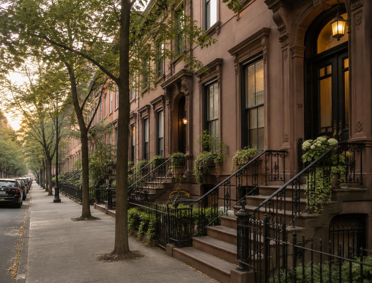Brownstone stoops on a quiet West Village street